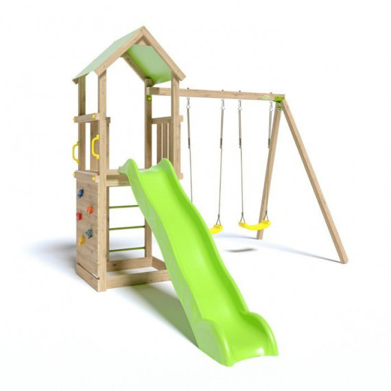 Aire de jeux SMART XPERIENCE, PF 1,20m, bac a sable, mur de grimpe, toboggan 2,63m + extension portique 2,20m, 2 balançoires