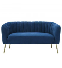 MATHIS Canapé rétro 2 places - Velours bleu et structure bois massif - L 167 x P 70 x H 71 cm