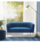 MATHIS Canapé rétro 2 places - Velours bleu et structure bois massif - L 167 x P 70 x H 71 cm