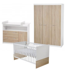 Chambre Bébé Complete Gabriella ROBA - Lit Évolutif 70x140 + Commode a Langer + Armoire 3 Portes - Blanc / Chene Scié
