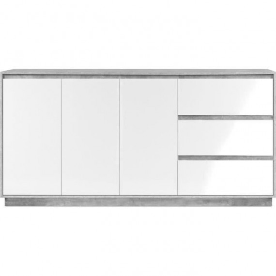 Buffet Phoenix 51A - Décor béton structuré / blanc brillant - Panneaux de particules - 3 portes/étageres/tiroirs - 178 x 88 x…