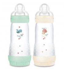 Lot de 2 Biberons - MAM - Easy Start - Anti-colique Classique - 320 ml - Tétine débit 3 - Menthe + Coton