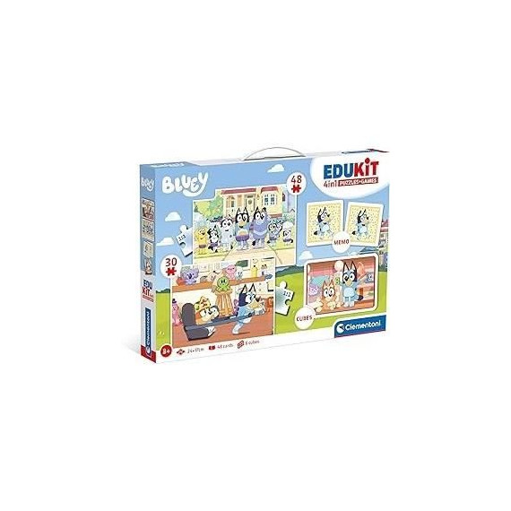 Clementoni - Edukit - Bluey - Coffret apprentissage 4 en 1 - 2 puzzles, 1 mémo, 1 jeu de 6 cubes - Fabriqué en Italie - Dés 4ans