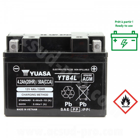 BATTERIE YUASA YTB4L 12V 4 AH (  REMPLACE LA YTX4L-BS ) - AGM ACTIVE USINE