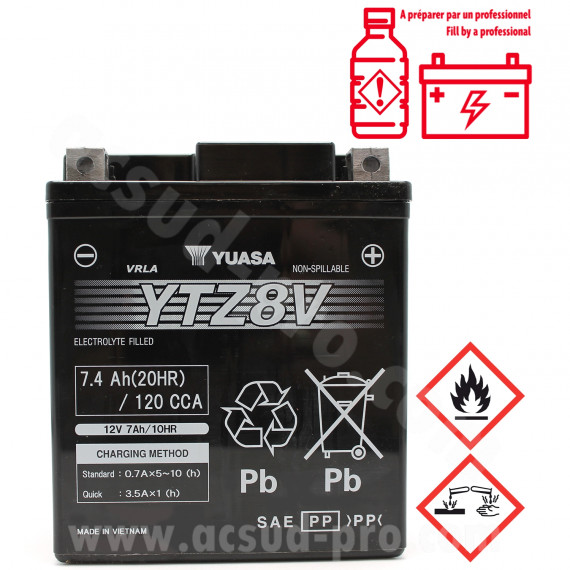 BATTERIE YUASA YTZ8V 12V-7.4Ah ACTIVEE EN USINE PRETE A L'EMPLOI
