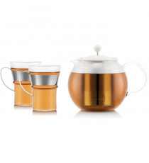 Théiere a piston - BODUM - ASSAM SET - 1.0 l avec filtre inox, couvercle plastique + 2 tasses verre anse inox 0.35 l