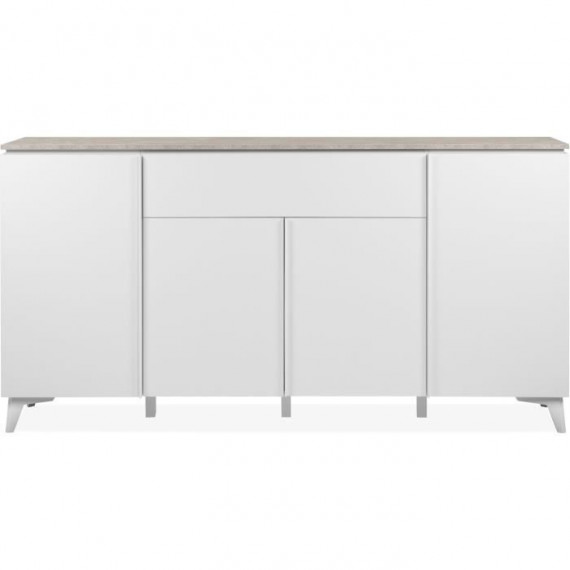 Buffet Bertrix 51A - Décor travertin / blanc - Panneaux de particules - 4 portes et étageres - 1 tiroir central - 177 x 92 x …