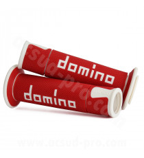 REVETEMENT POIGNEE DOMINO MOTO ON ROAD A450 ROUGE / BLANC OPEN END 120-125mm (LA PAIRE)