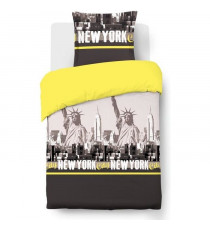 VISION Parure de couette New York - 100% coton - 1 housse de couette 140 x 200 cm + 1 taie d'oreiller 65 x 65 cm - Jaune et Gris
