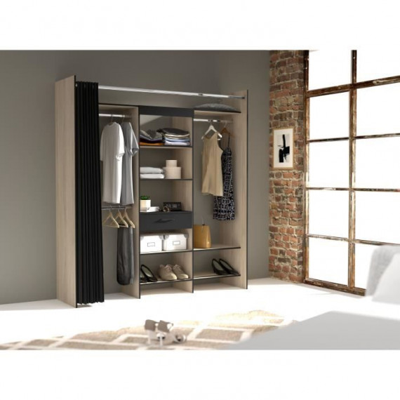 Kit dressing ARTIC avec rideau - Décor Chene et noir - 1 colonne + 3 penderies + 1 tiroir - L 184 x P 50 x H 203 cm - EKIPA