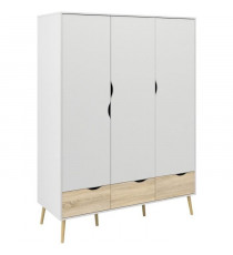 Armoire - Blanc / Chene - 3 portes / 3 tiroirs - Pietement évasé en bois massif - Chambre - 147,2 x 58,1 x 200,1 cm - TVILUM