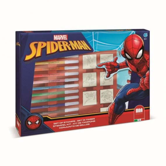 Coffret de tampons - MULTIPRINT - 4817 - Spiderman - 7 tampons bois et latex, 12 feutres Giotto, regle, album coloriage