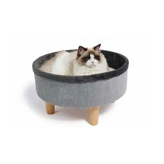 Lit rond surélevé - M PETS - ROUND - Gris - 47 x 47 x 26 cm - Pied en bois - Coussin doux