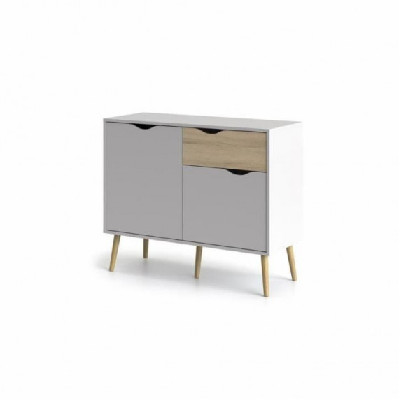 Commode 2 portes, 1 tiroir - Blanc / Chene - Pietement évasé en bois massif - 98,7 x 39,1 x 81,7 cm - TVILUM