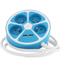 Multiprise design circulaire - CHACON -  4X16 A - Cordon 1,5 m - Avec 2 USB-A + Interrupteur - Bleu