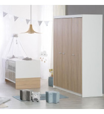 Chambre bébé complete - Lit évolutif 70 X 140 cm + Commode a langer + Armoire 3 portes - ROBA - Bicolore blanc / décor chene …