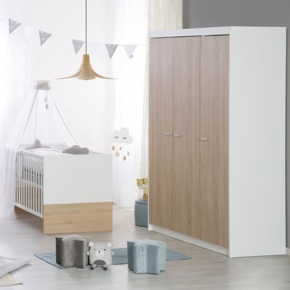 Chambre bébé complete - Lit évolutif 70 X 140 cm + Commode a langer + Armoire 3 portes - ROBA - Bicolore blanc / décor chene …