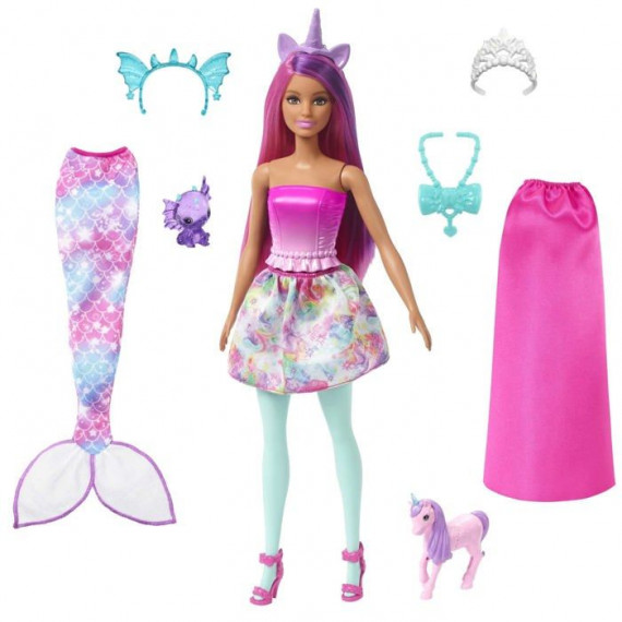 Barbie Coffret Poupée Il Était Une Fois Transformable en Sirene Ou Royal, Bébé Dragon Et Licorne, a partir de 3 Ans, HLC28
