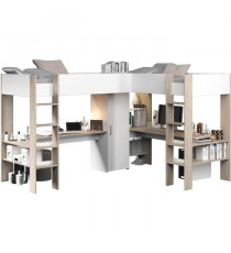 Lit double mezzanine combiné enfant ALEXANDRA avec 2 bureaux et rangements - 2x90x200 cm - Blanc/Chene - Sommiers inclus - PA…