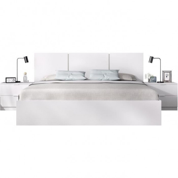 Ensemble structure de lit + tete de lit en 3 parties et 2 tables de nuit avec 2 tiroirs - HAVANA - 140 x 190 cm - Blanc