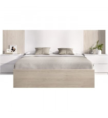 Ensemble structure de lit + tete de lit et 2 tables de nuit avec 2 tiroirs - LOMA - 160 x 200 cm - Chene naturel / Blanc
