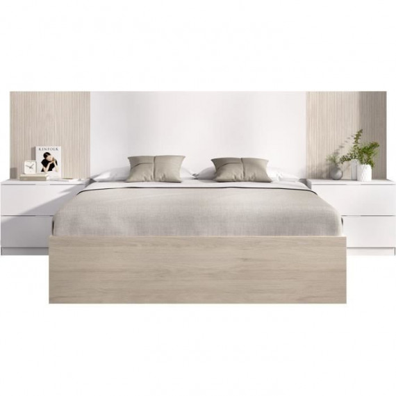 Ensemble structure de lit + tete de lit et 2 tables de nuit avec 2 tiroirs - LOMA - 160 x 200 cm - Chene naturel / Blanc