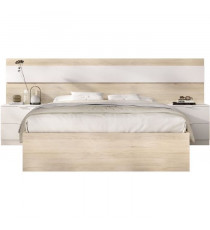Ensemble structure de lit + tete de lit et 2 tables de nuit - NIZA - 140 x 190 cm - Chene naturel / Blanc