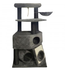 GUILY Arbre a chat gris foncé- 50 x 50 x 141 cm - Gris foncé - 2 plateformes, 1 perchoir, 1 cabane, 1 rampe, 1 tunnel