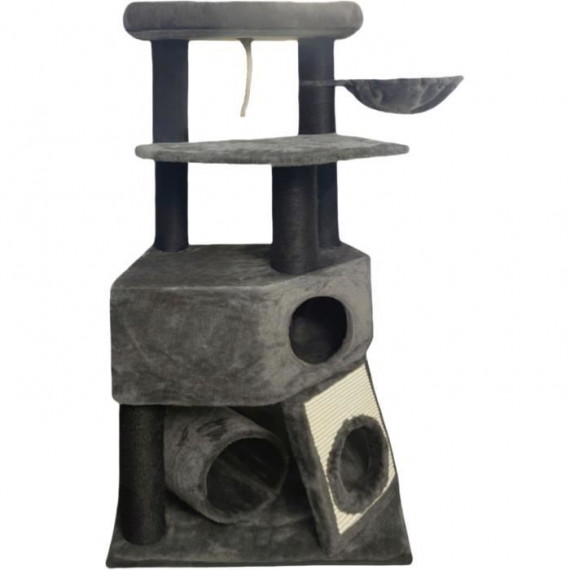 GUILY Arbre a chat gris foncé- 50 x 50 x 141 cm - Gris foncé - 2 plateformes, 1 perchoir, 1 cabane, 1 rampe, 1 tunnel