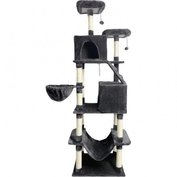 TAYLOR Arbre a chat - 60 x 50 x 206 cm - Gris foncé -  2 plateformes, 1 perchoir, 2 cabanes, 1 hamac