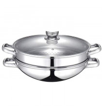 Wok 2-en-1 - BAUMALU - Tous feux dont induction - Couvercle verre - 32 cm