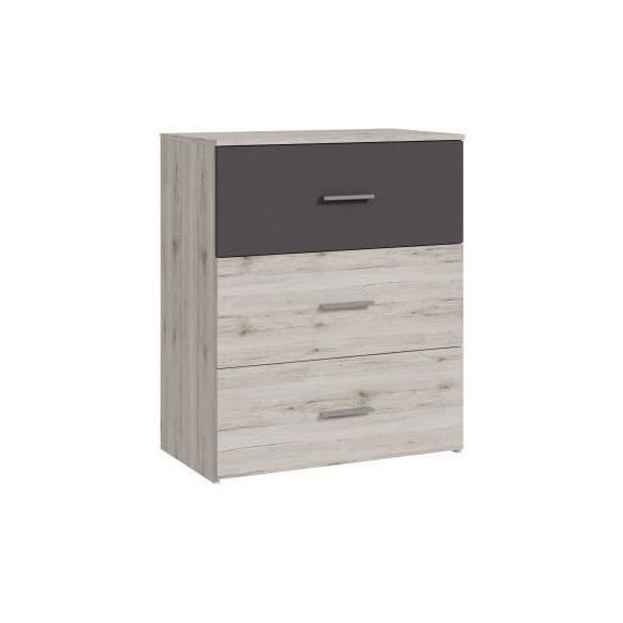 Commode - ADRIA - 3 tiroirs - Chene cendré / Gris uni - 75,2 x 41,3 x 89,7 cm