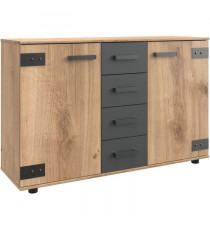 Commode combinée - WIMEX - LAMIA - 2 portes - 4 tiroirs - Chene poutre / Graphite - 130 x 83 x 41 cm