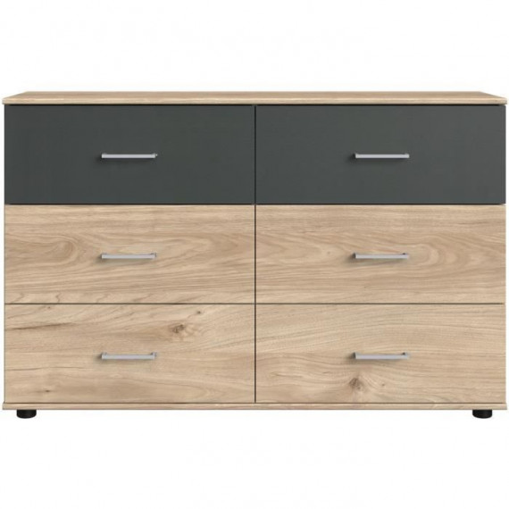 Commode - RHODES - 6 tiroirs - Chene Hickory et gris - 130 x 41 x 83 cm - WIMEX