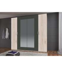 Armoire de chambre - RHODES - Chene Hickory / Rechampis graphite - 4 portes - 2 miroirs - 225 x 58 x 208 cm