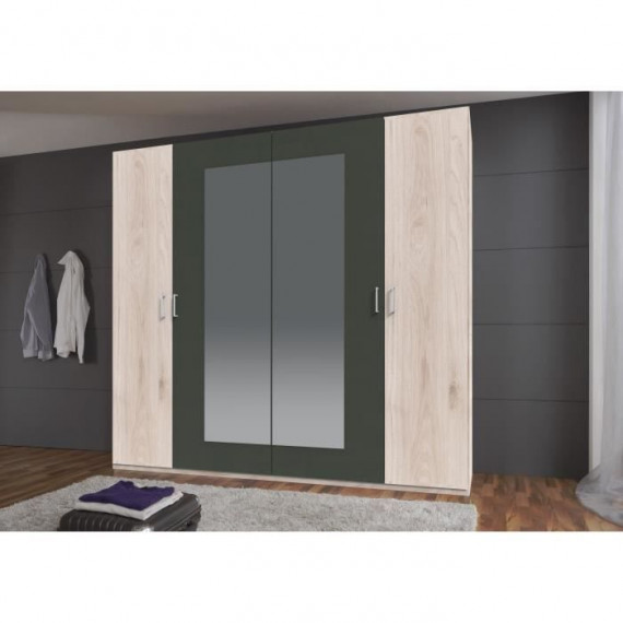 Armoire de chambre - RHODES - Chene Hickory / Rechampis graphite - 4 portes - 2 miroirs - 225 x 58 x 208 cm