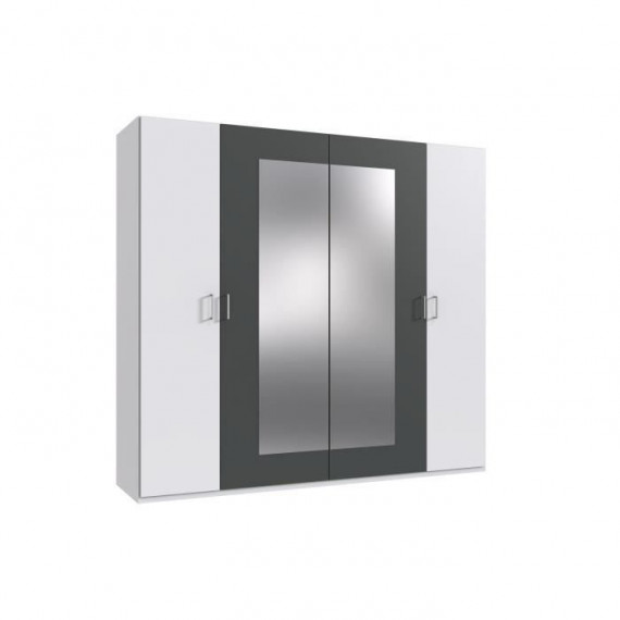 Armoire de chambre - RHODES - Blanc / Rechampis graphite - 4 portes - 2 miroirs - 225 x 58 x 208 cm