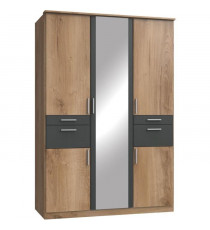 Armoire de chambre - VOLOS - Chene poutre / Graphite - 5 portes - 1 porte miroir - 4 tiroirs - 135 x 58 x 199 cm