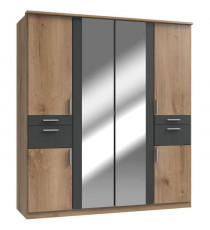 Armoire de chambre - VOLOS - Chene poutre / Graphite - 6 portes - 2 portes miroirs - 4 tiroirs - 180 x 58 x 199 cm
