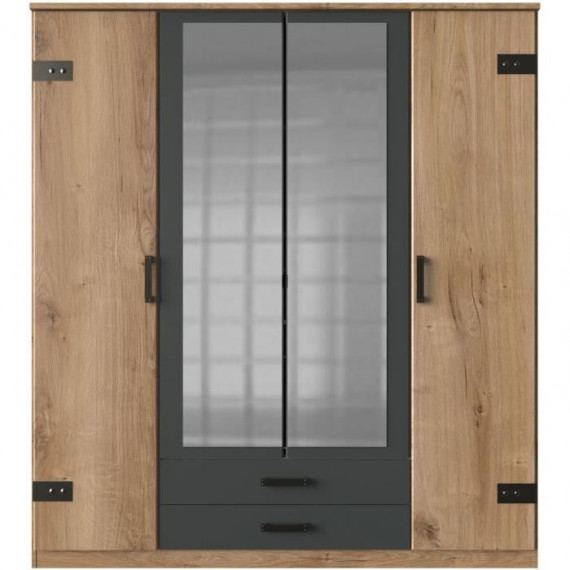 Armoire de chambre - CORFOU - 4 portes - 2 miroirs - 2 tiroirs - Chene poutre / Graphite - 90 x 58 x 199 cm