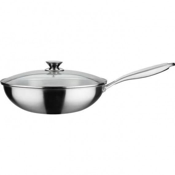 GSW Wok pro avec couvercle - Ø 32 cm - Fond 3-PLY - Poignée rivetée - Inox - Tous feux dont induction