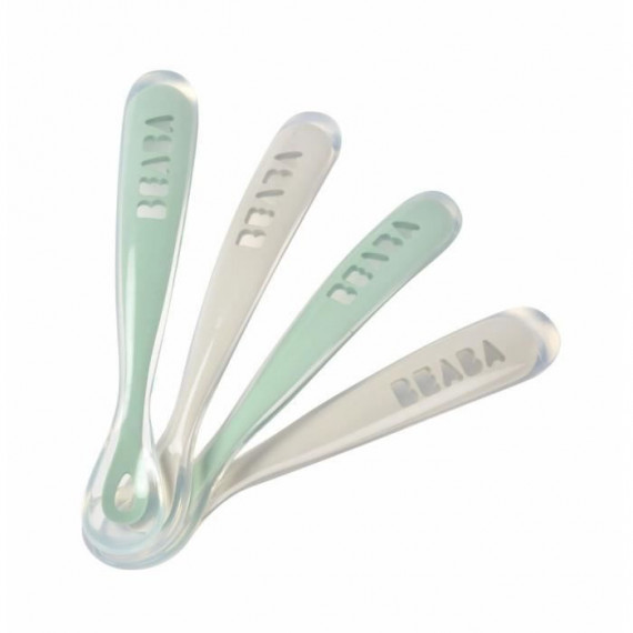 Lot de 4 cuilleres - BEABA - 913553- 1er âge - Silicone - Velvet grey / Sage green