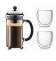 BODUM CHAMBORD Set cafetiere a piston - 8 tasses -  1L - Gris - Avec 2 verres double paroi Pavina 0,35l