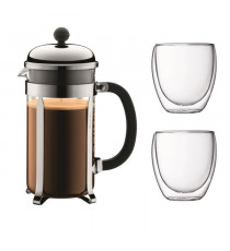 BODUM CHAMBORD Set cafetiere a piston - 8 tasses -  1L - Gris - Avec 2 verres double paroi Pavina 0,35l