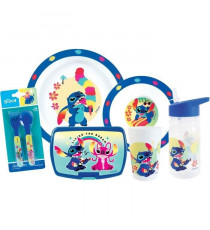 Lot vaissele - FUN HOUSE - STITCH ET ANGEL - Verre, assiette Ø22 cm et Ø16 cm, couverts, gourde et boite goûter