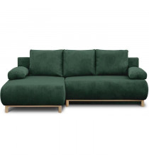 Canapé d'angle gauche convertible - 3 places - MIKA - Tissu velours côtelé vert foncé - Coffre de rangement - 192 x 84 x 93 cm