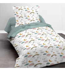 Parure de lit - RDC 1.15 - Housse de couette 140x200 cm et 1 taie d'oreiller 63x63 cm - Vert imprimé enfant - TODAY