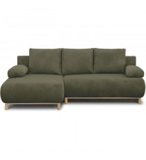 Canapé d'angle gauche convertible - 3 places - MIKA - Tissu velours côtelé vert kaki - Coffre de rangement - 192 x 84 x 93 cm