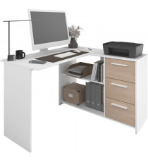 Bureau d'angle 3 tiroirs - ESSENTIEL - Décor Blanc / Chene - 121,2 x 74,5 x 111 cm - PARISOT