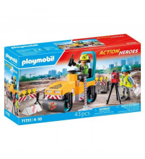 PLAYMOBIL 71751 Ouvriers avec rouleau compresseur et signalisation, Action Heroes, La construction, 43 pieces, Des 4 ans